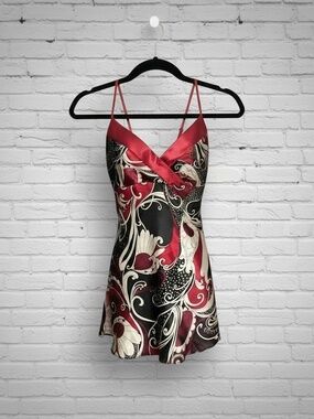 Vintage INC International Concepts Red Black and Cream Satin Mini DressTop Tie B